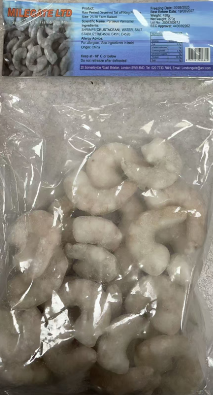 MILEGATE Raw Peeled Deveined Tail off King Prawns 26/30 450G