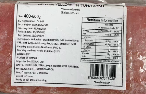 Frozen Yellowfin Tuna Saku 1KG